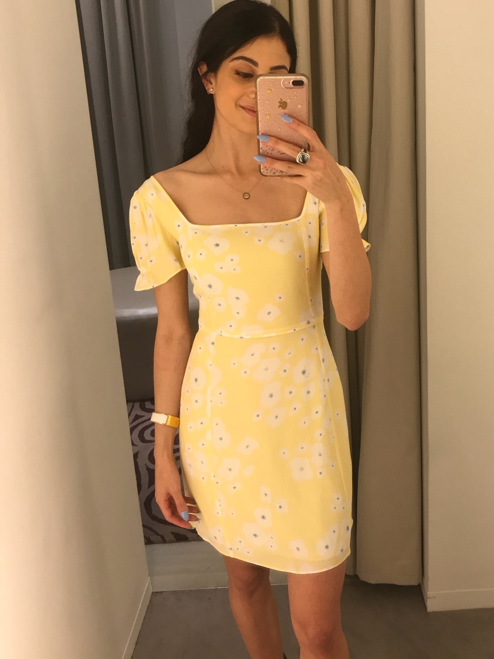 Yellow TVF for DVF Square-Neck Mini Dress with Puff Sleeves